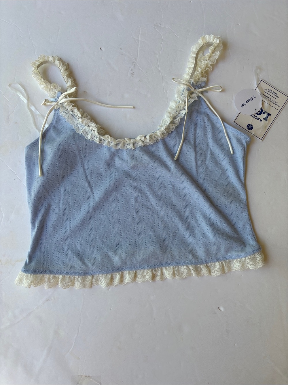 New Kacey Lee Cami Boy Short Coquette Sleepwear Blue Lace Medium Lounge Bow Cute - Picture 8 of 17